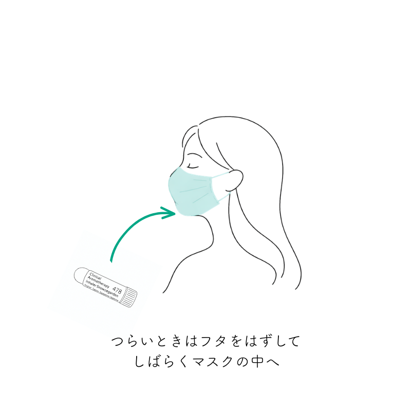 マスクの中にアロマインヘーラーをいれて使っている女性のイラスト。
