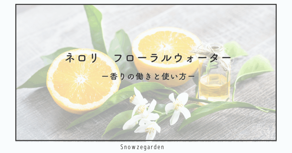 カットしたオレンジとネロリの白い花、小瓶を背景にした、ネロリ フローラルウォーターのアイキャッチ。香りの働きと使い方をイメージ。