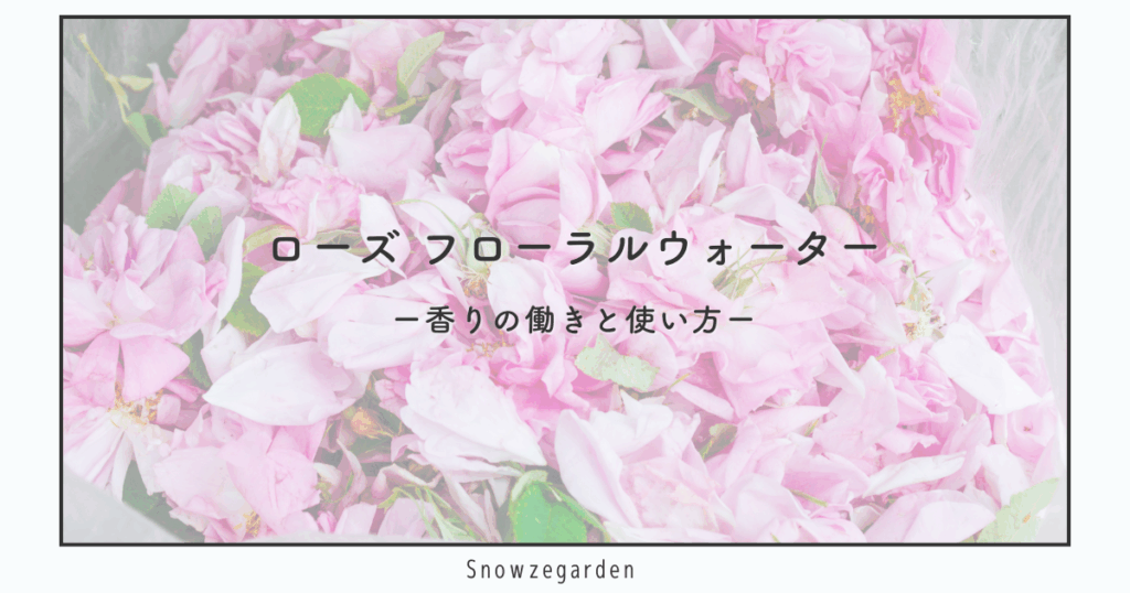 ローズフローラルウォーターの記事アイキャッチ。バラの花びらを背景に、香りの働きと使い方をまとめたコンテンツ用画像。