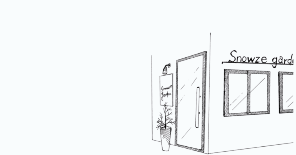 札幌のアロマセラピーサロンSnowzegarden（スノーズガーデン）の店舗線画イラスト。看護師セラピストによるクリニカルアロマで、心と体をやさしく整えるサロン。