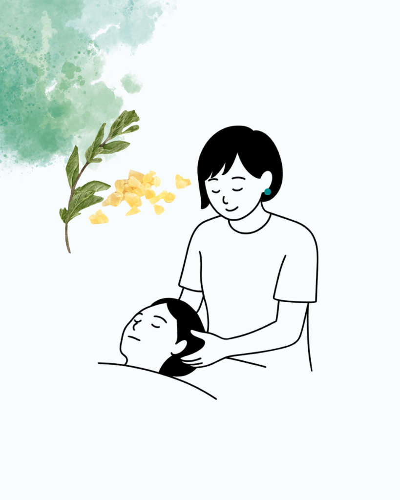 自家製の芳香蒸留水を使ったヘッドスパの線画イラスト。セラピストが女性の頭をやさしくケアしている施術シーンのイメージ。